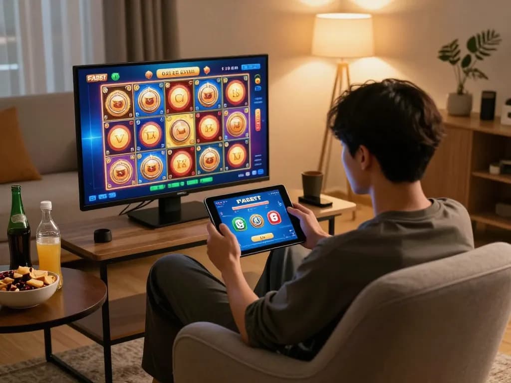 FABET user enjoying online slots on tablet in modern home setting with cozy ambiance