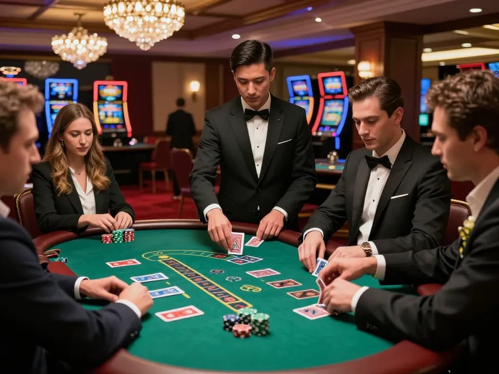 Kuwin1 players strategizing at a blackjack table in a luxury casino.