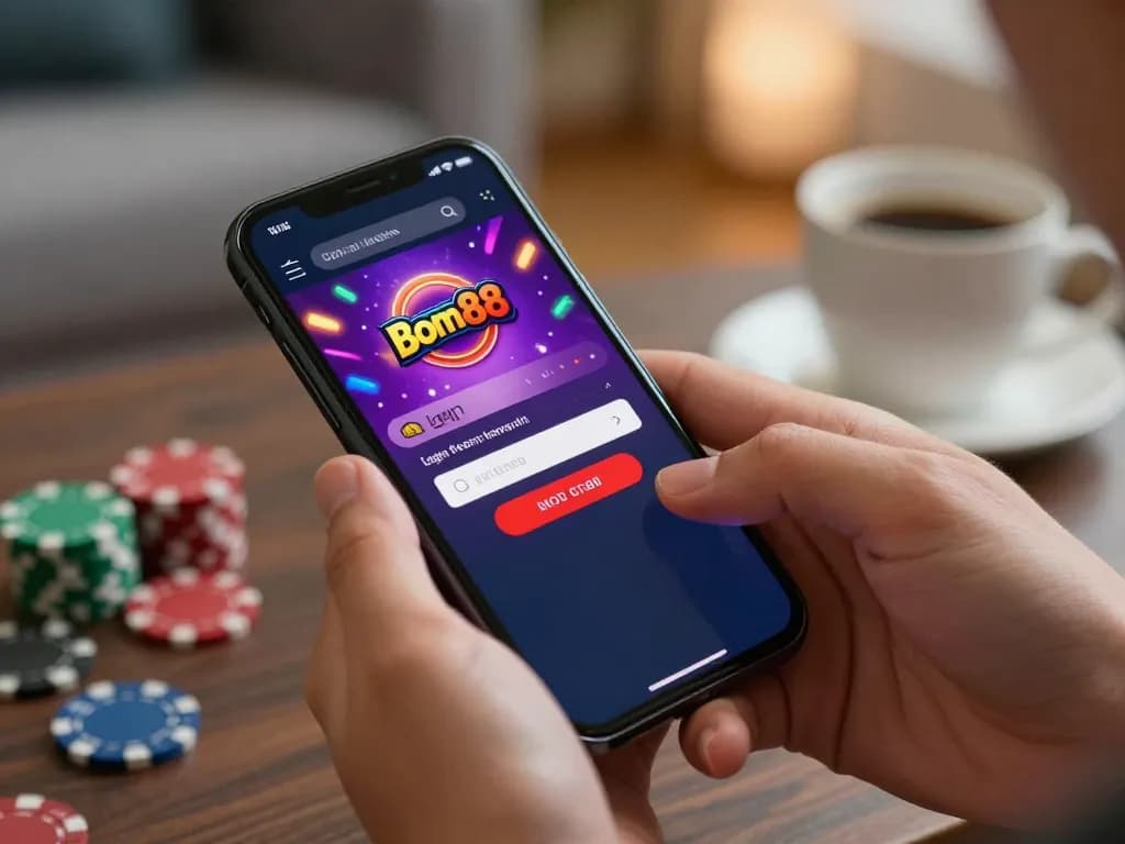 Login Bom88 on smartphone with vibrant casino interface in a cozy setting