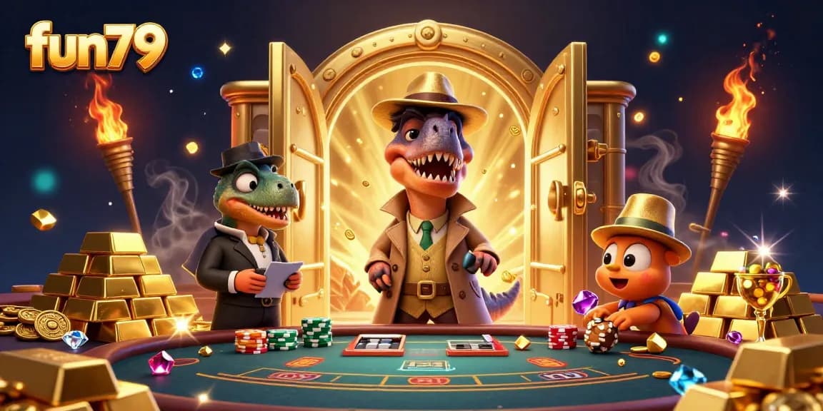 Experience fun79 with a playful scene of a velociraptor at a blackjack table amidst gold and treasures.