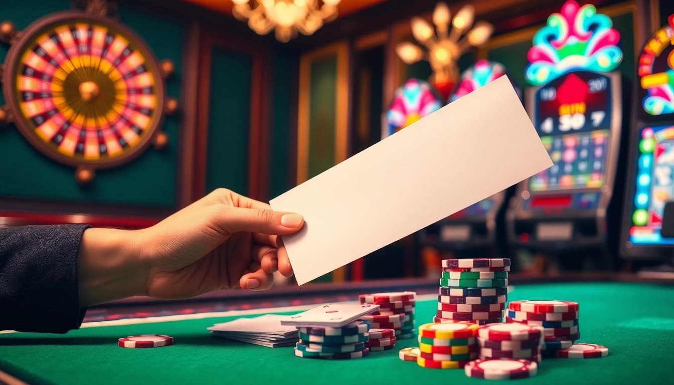 Gambling excitement revealed through Kết quả xổ số as a hand places a bet on an ornate casino table.