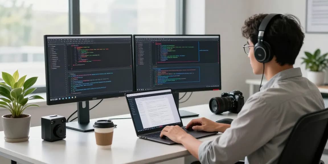 Developer using WPS Official Website in modern tech workspace with dual monitors, showcasing productivity.