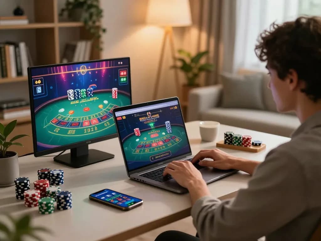 Engaged in an online co88 casino game, a player enjoys strategic gameplay on a sleek laptop at home.
