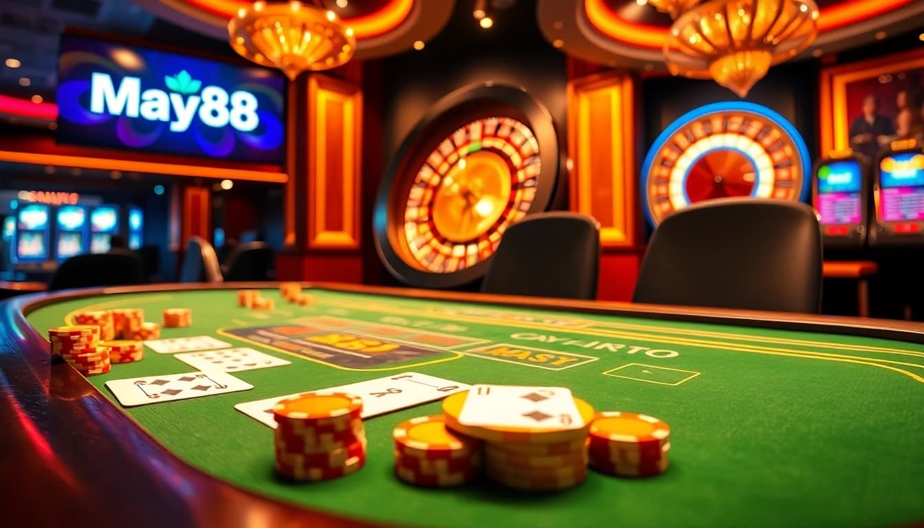 Exciting online gambling scene featuring May88 logo on blackjack and roulette tables.