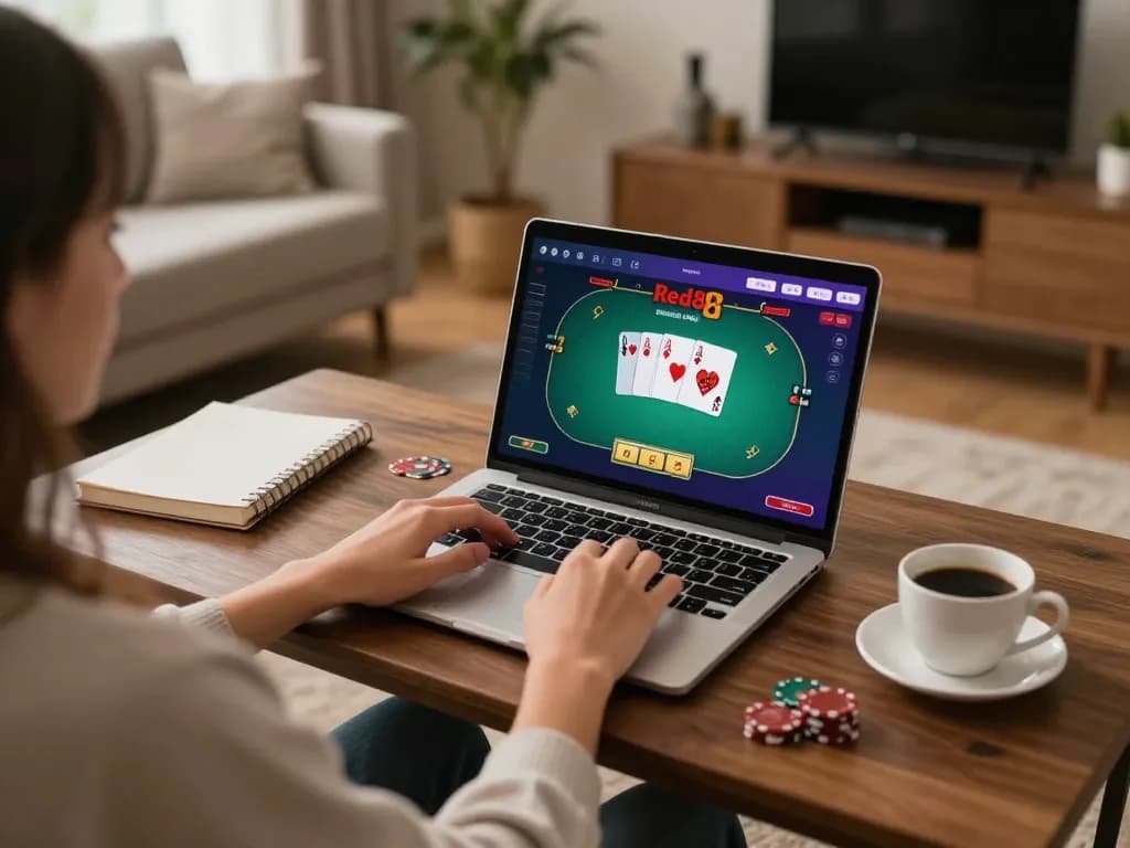 Engaged player enjoying Red88 online poker game in a cozy home setting.