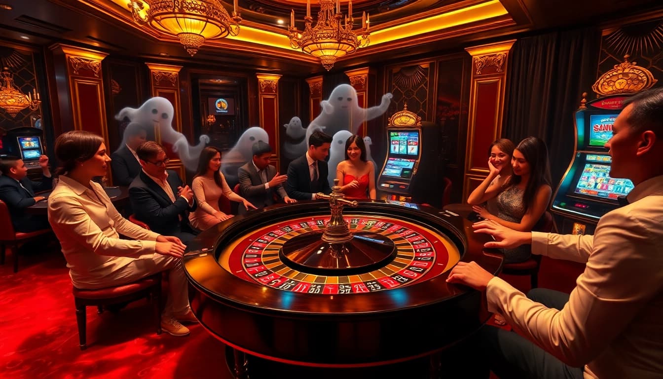 Experience Truyên ma themed nighttime gambling action with vibrant roulette and slot machines.