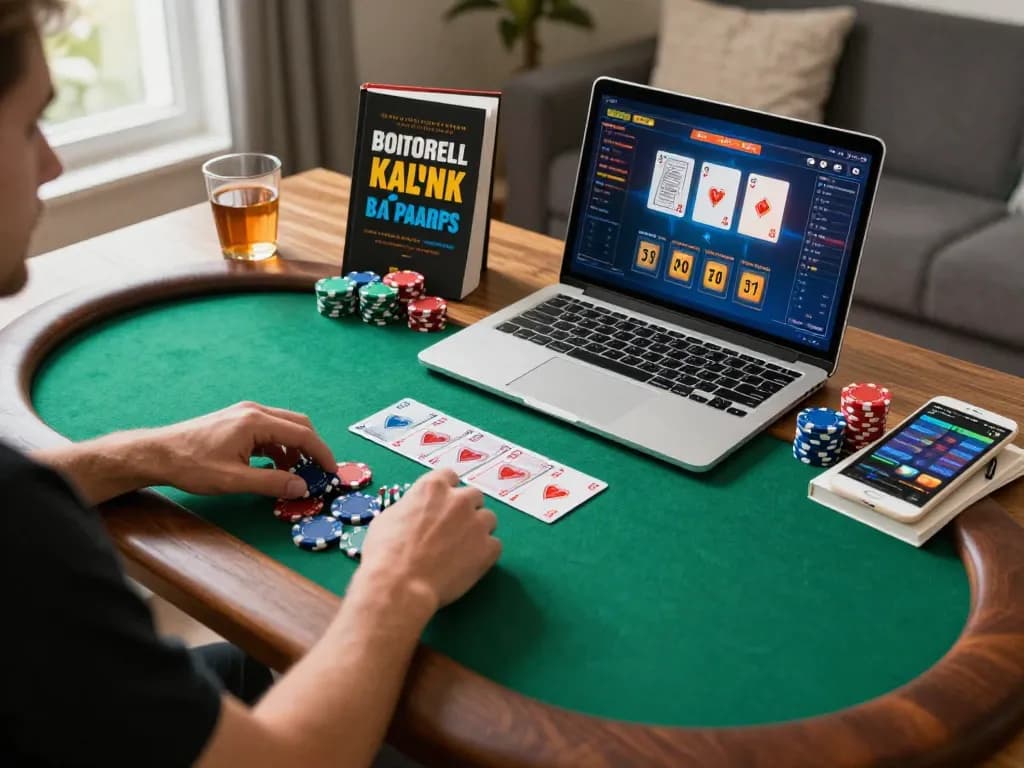 ku bet player enjoying a thrilling online poker game in a cozy home setup