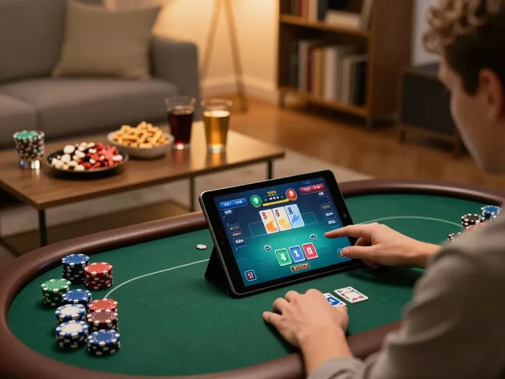 RIKVIP player engaging in a thrilling online poker game on tablet while enjoying a cozy home environment.