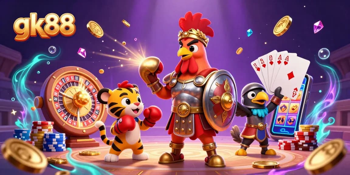 Experience the excitement of gk88 with a dynamic 3D scene of a rooster gladiator amidst casino elements.