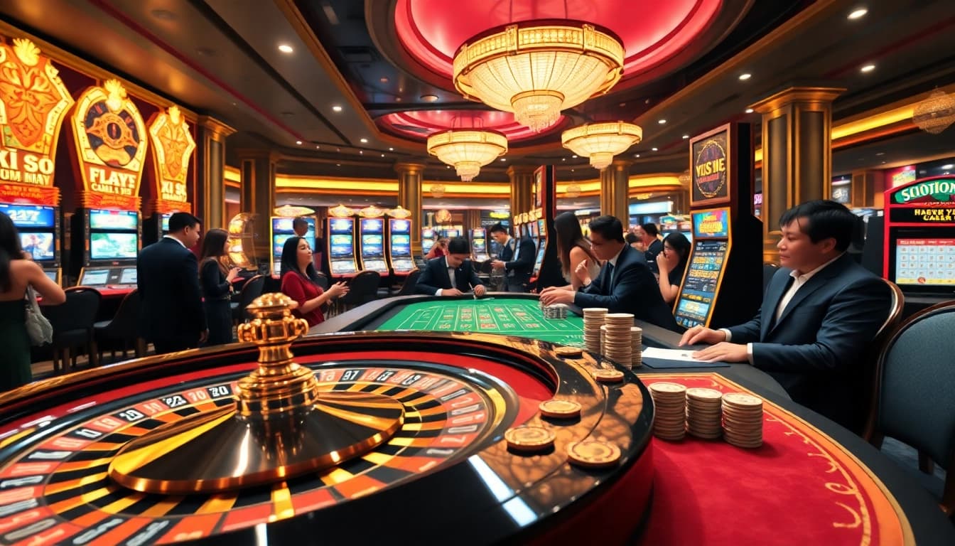 Xổ số hôm nay displayed on glowing screens, showcasing a thrilling casino atmosphere with players and roulette.