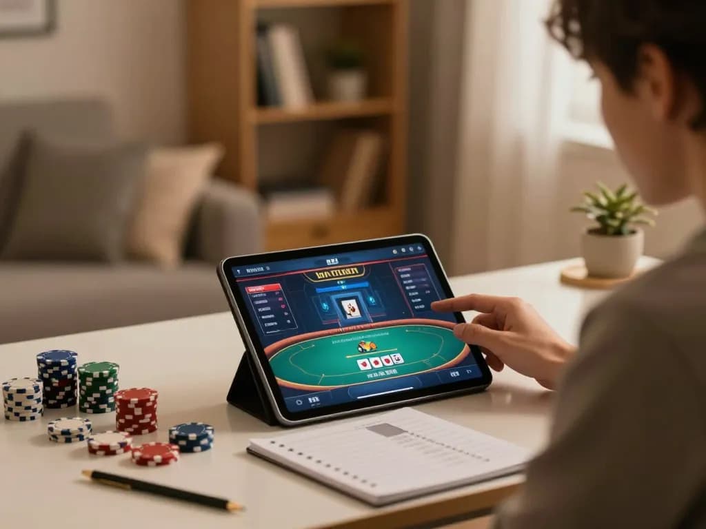 Enjoying F8bet casino at home with strategic poker gameplay on tablet.