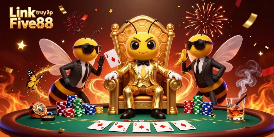 Engage at Link truy cập Five88 with a lively 3D casino scene featuring vibrant game elements and characters.