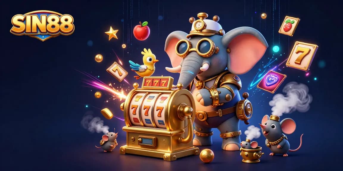 SIN88 offers an engaging slot machine experience featuring steampunk elements and vibrant icons.