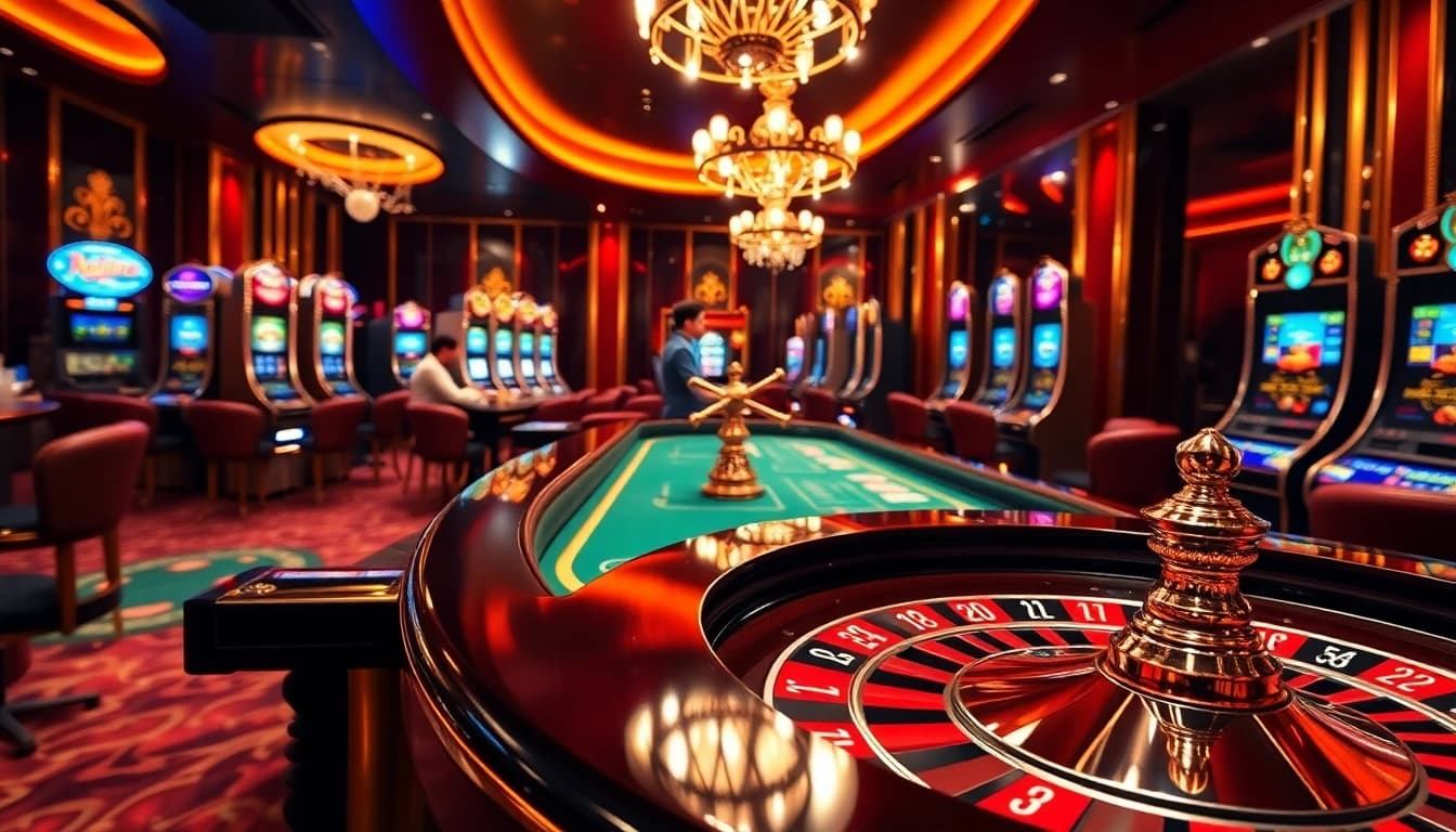 Betting action at nhà cái F168 with casino tables, poker chips, and an inviting ambiance.