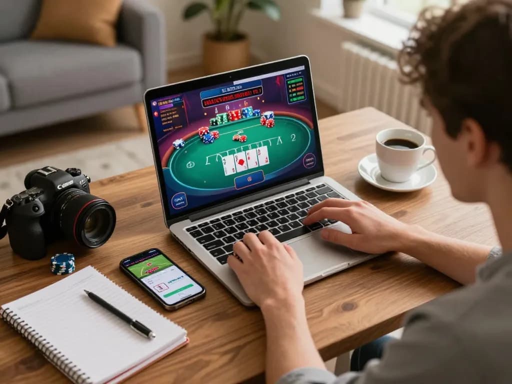 Experience thrills with Website Lu88 while playing poker online, showcasing a laptop and smartphone setup.