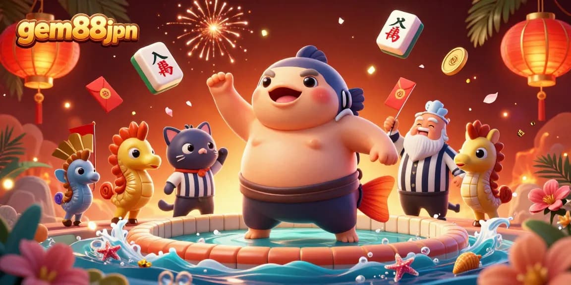 Engage in vibrant gaming at gem88jpn with a lively underwater casino scene featuring a playful fugu.