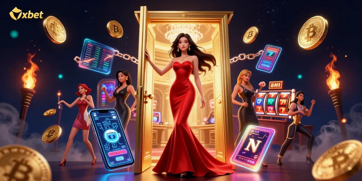 Play at Oxbet, featuring a stunning Asian woman in a casino doorway with vibrant gaming elements.