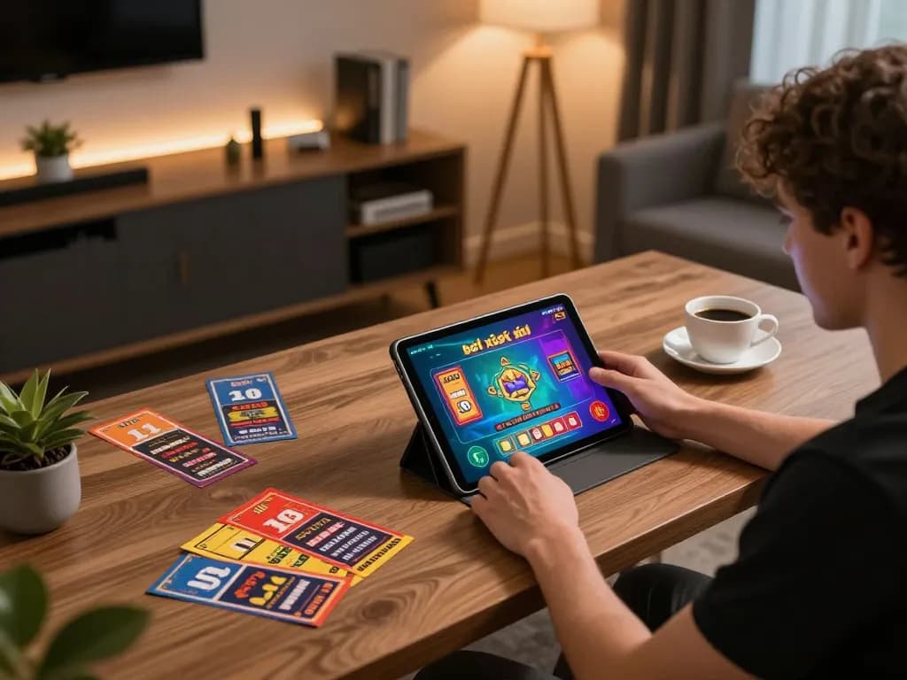 A player enjoying 11 bet xổ số on a tablet in a cozy and stylish home setup, highlighting a vibrant online gaming experience
