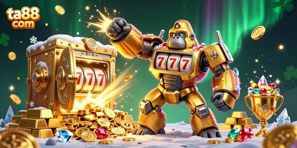 Experience thrilling gameplay at ta88 com with a dynamic 3D illustration of a golden gorilla mech.