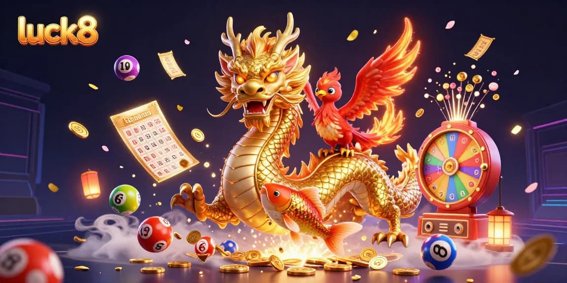 Experience luck8 excitement in a vibrant 3D illustration with golden dragon, phoenix, and koi fish in action.
