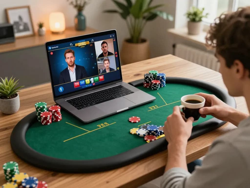 Các người chơi LUCK8 tham gia một trò chơi poker trực tuyến thú vị tại nhà, thể hiện chiến lược chơi game và niềm vui.