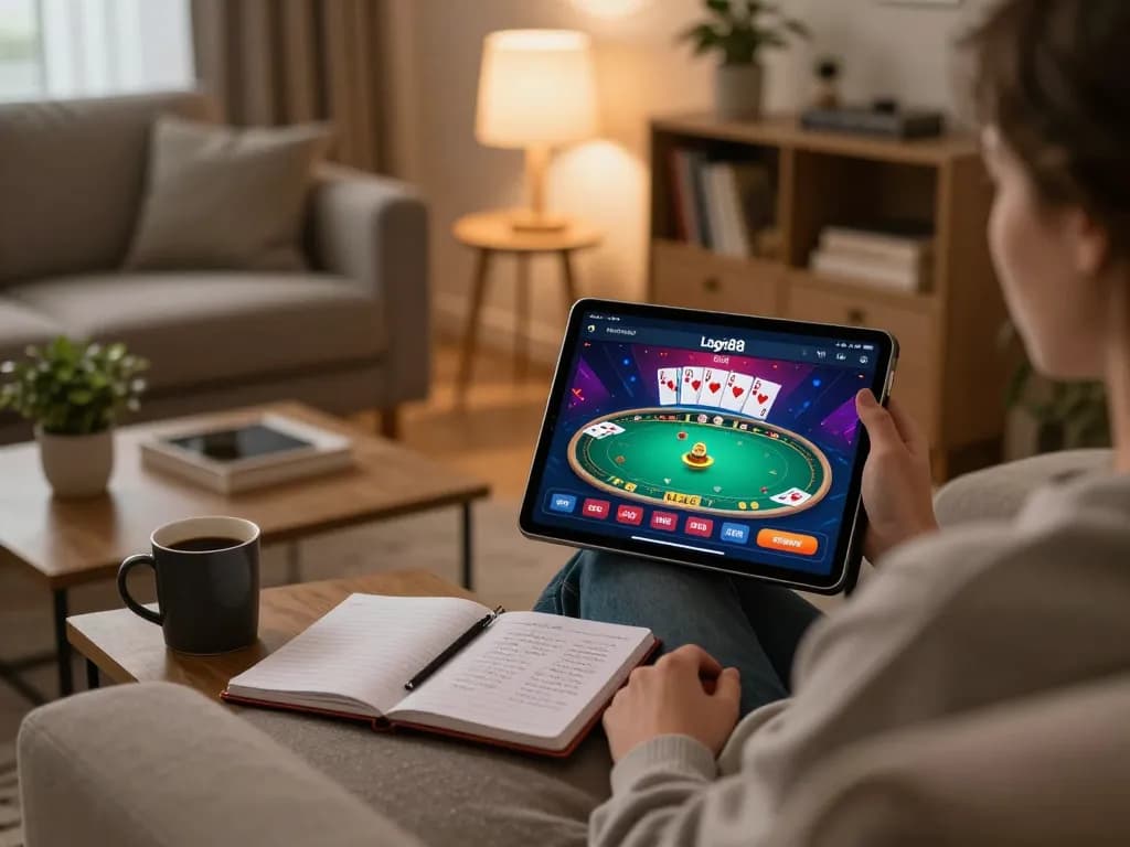 Login Red88 interface displayed on a tablet in a cozy home setup, enhancing online gaming experience.