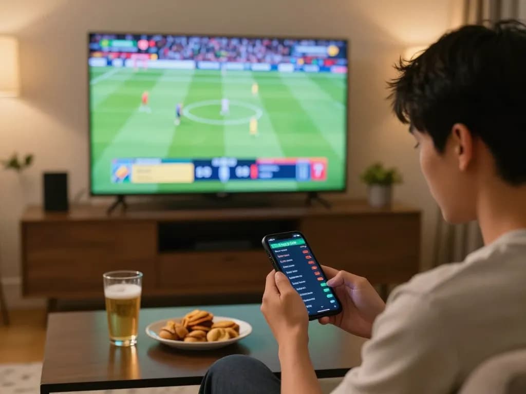 Engaged bettor analyzing soi kèo nhà cái on mobile while watching a live sports match.