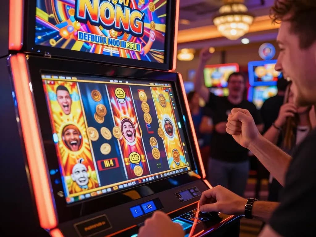 Player wins big on a nổ hũ slot machine, celebrating with coins cascading down, vibrant casino atmosphere