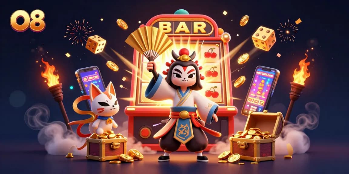 Engage with O8's thrilling slots as the kabuki crane character captivates with vibrant colors and energy.