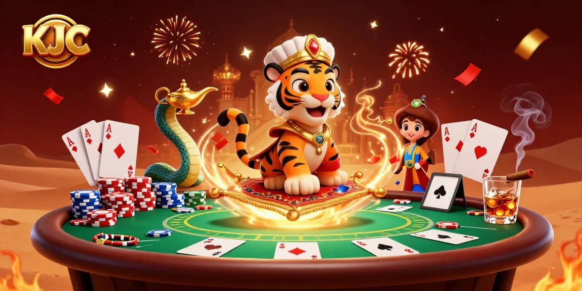 KJC creates a thrilling atmosphere with a tiger sultan and poker elements swirling in a vibrant casino scene.