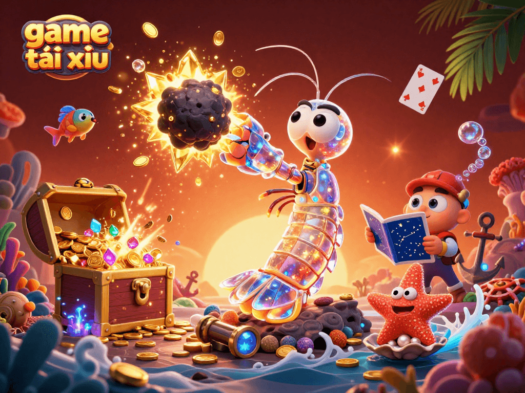 Experience the thrill of game tài xỉu with a galactic mantis shrimp unleashing golden treasures.