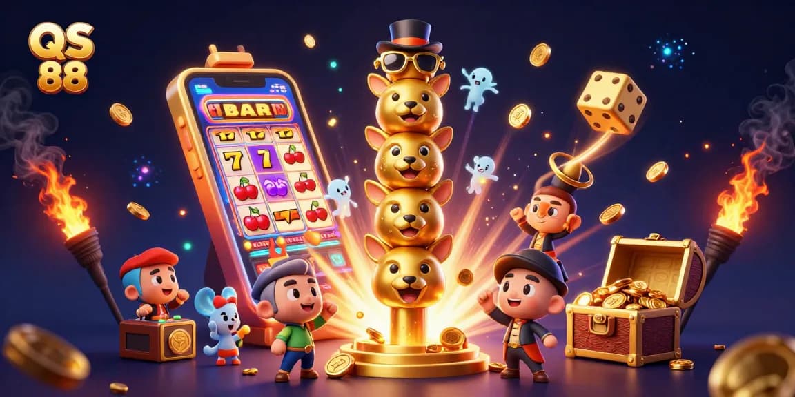 Experience the excitement of QS 88 with animated riches, slot machines, and jackpot victories.