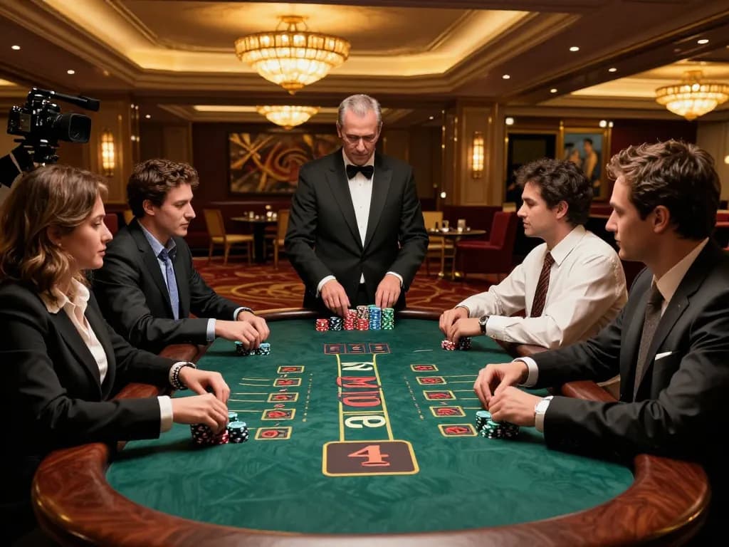 Players engage strategically at a 9BET blackjack table in a luxurious casino setting