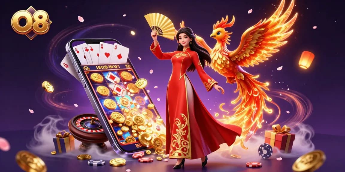 Experience vibrant slots and casino action with O8's stunning digital illustration of luck and riches.