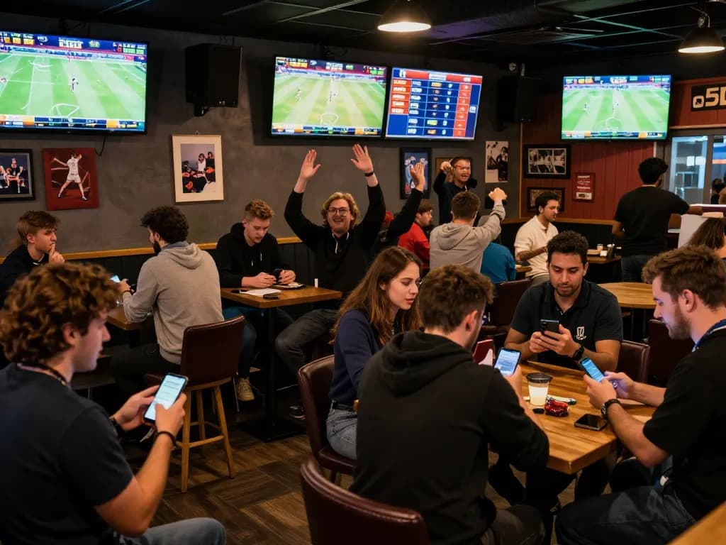 Link mới Sky88 sports betting scene showcasing enthusiastic patrons engaging with live games and mobile apps