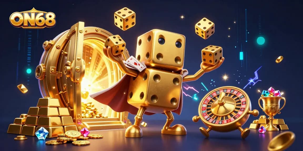 Experience the thrill of ON68 with golden dice, sparkling treasures, and vibrant casino elements.