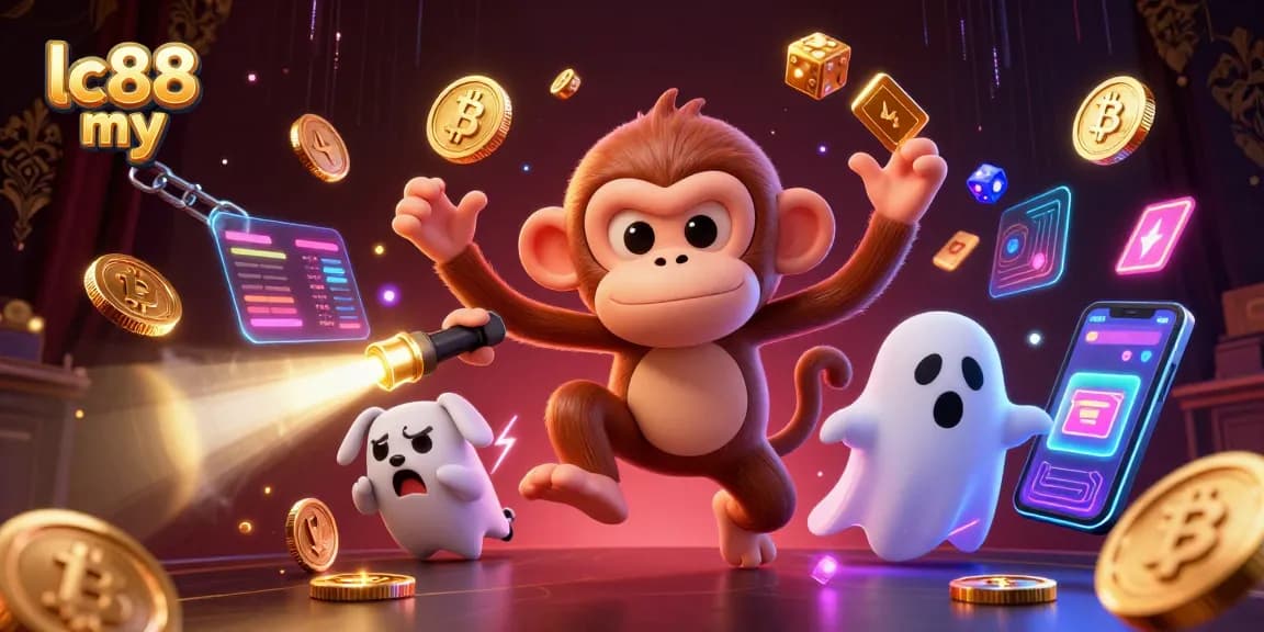 Engage with lc88 my in a haunted casino scene featuring a playful monkey and a curious puppy.