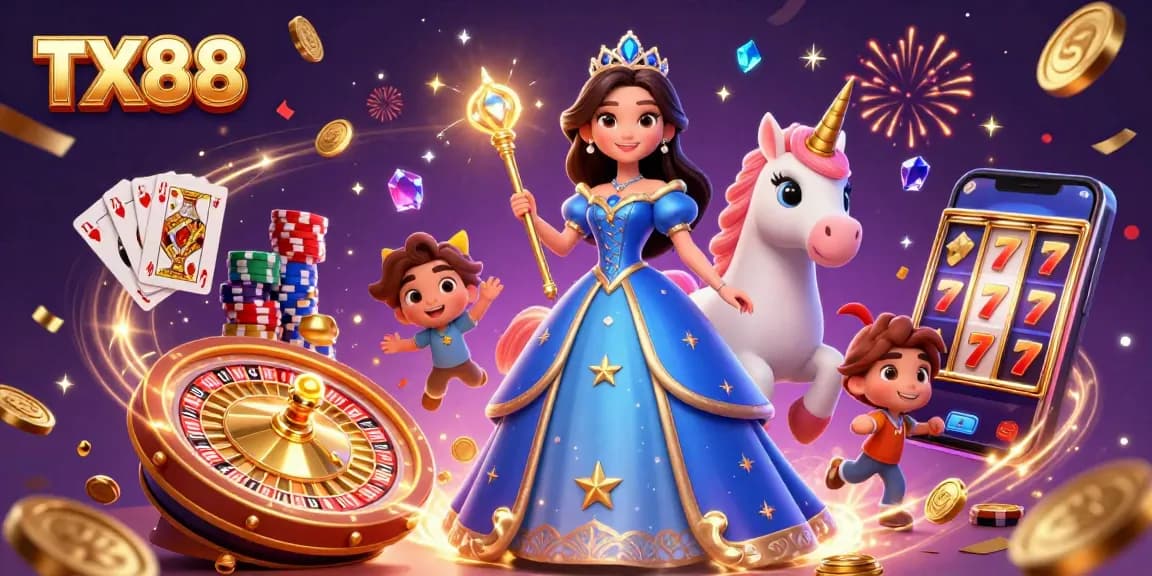 Experience the magic of TX88 with stunning 3D illustration capturing casino excitement and glamour.