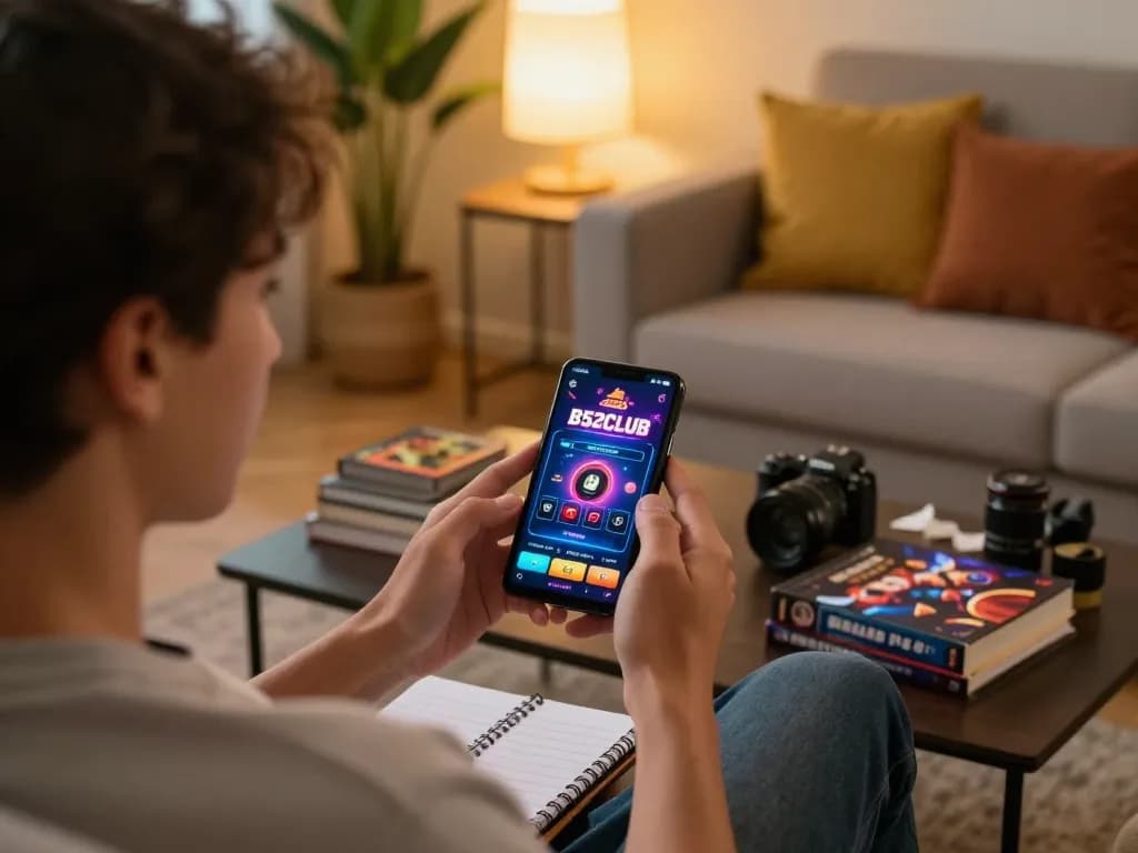 B52CLUB player actively engaging with casino app on smartphone in a cozy home setting.