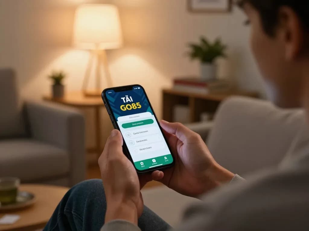 TẢI GO88 app on smartphone for strategic online gambling in a cozy home setting