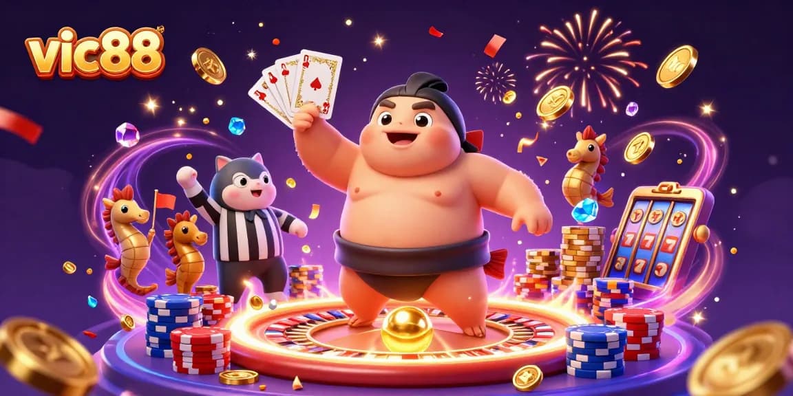 Engage in thrilling casino game scenes with vic88, featuring vibrant 3D characters and exciting elements.
