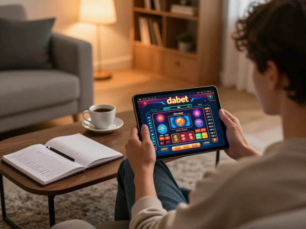 Experience engaging gameplay and betting strategies on Dabet's platform in a cozy home environment.