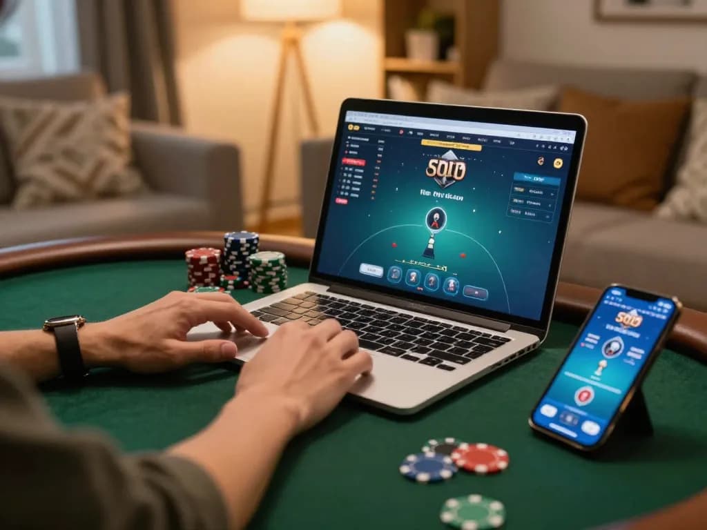 Engaging online poker game on lc88.com with strategic gameplay and a cozy home setup.