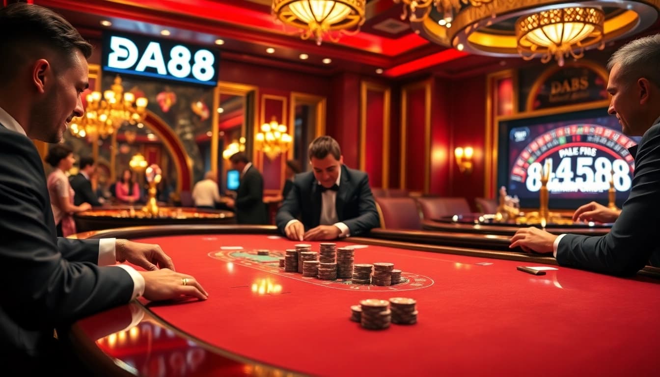 Experience the thrill of gaming at DA88 with players in an opulent casino setting.