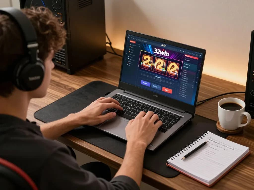 Player engaging with 32win online casino gaming on a stylish setup, showcasing strategic betting preparation.