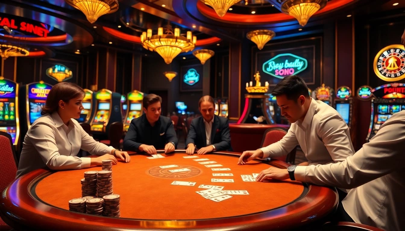 Intense poker game showcasing professional players at https://sin88.app/ with vibrant casino decor.
