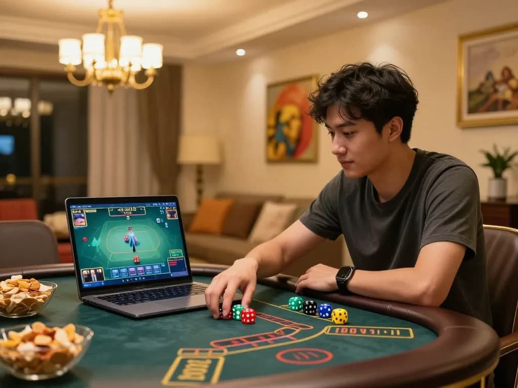 Tài xỉu Online gameplay scene showcasing a live gaming session on a laptop with vibrant dice visible