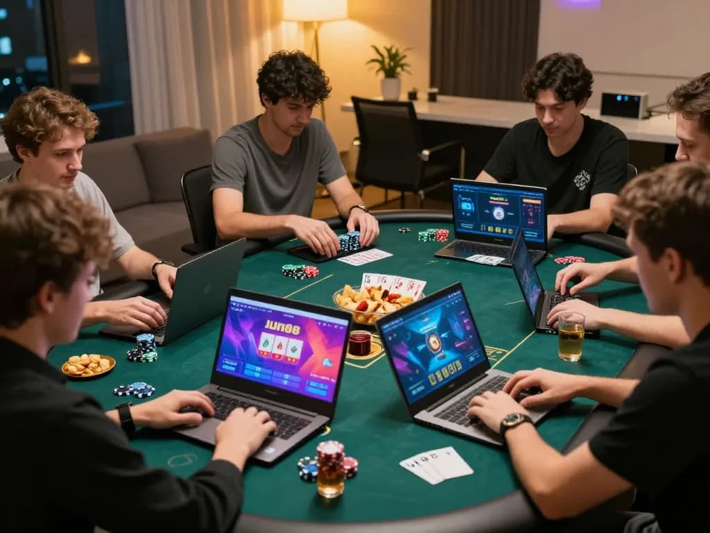 Player engaged in poker with Jun88 app on laptop, showcasing strategic gameplay and home setting