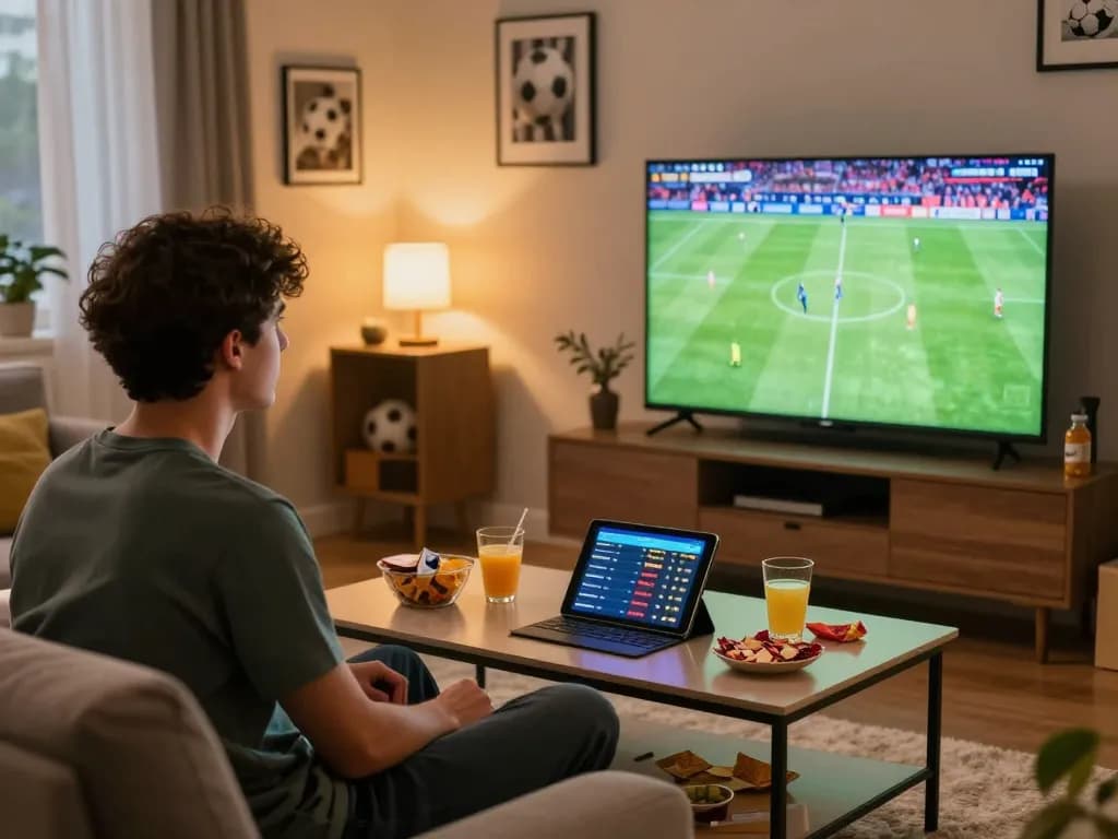 Socolive TV streams live football matches in a cozy home setup with snacks and a tablet for betting.