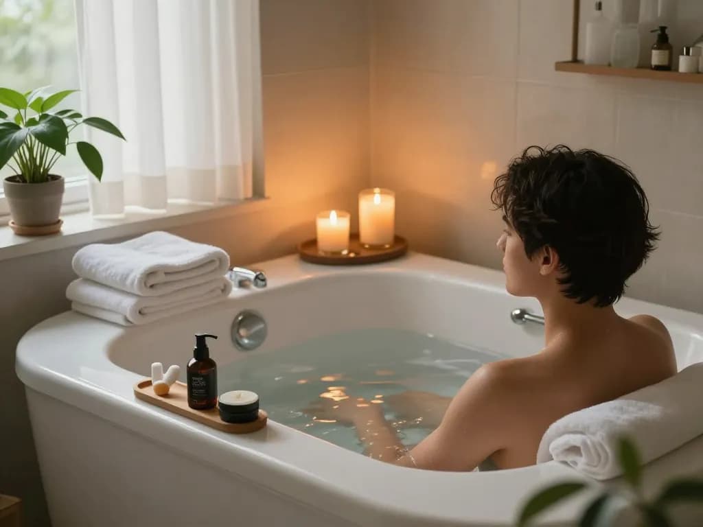 Ontspannende scène in een gezellige badkamer met een stijlvolle zitbaden en een rustige sfeer voor wellness.